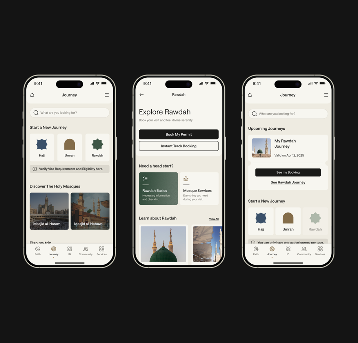 Journey flow — Explore Rawdah screens